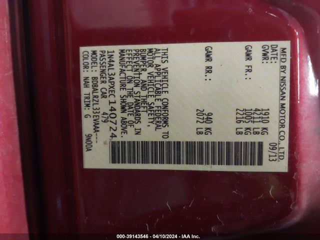 Nissan Altima 2.5 S 2014 1N4AL3APXEC140724 Image 9