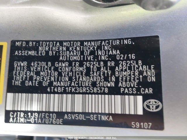 Toyota CAMRY LE 2016 4T4BF1FK3GR558578 Image 9