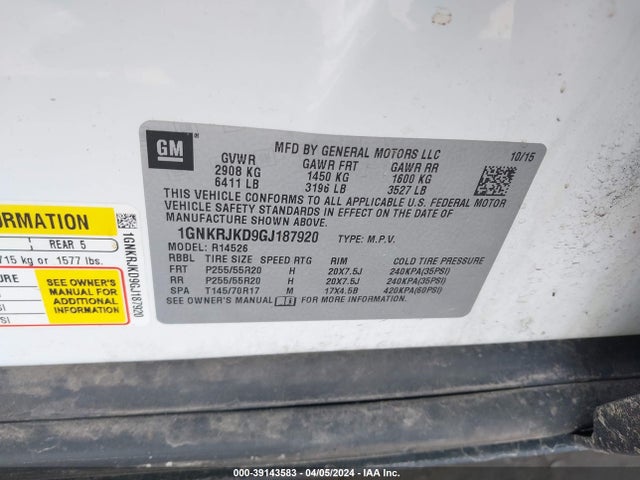 Chevrolet Traverse Ltz 2016 1GNKRJKD9GJ187920 Image 9