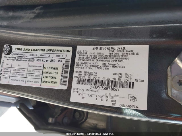 Ford FUSION SE 2016 3FA6P0H75GR330577 Image 9