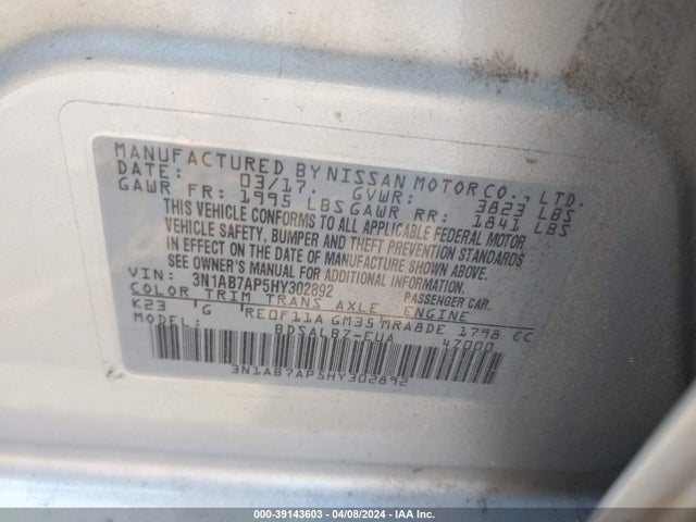 Nissan SENTRA S 2017 3N1AB7AP5HY302892 Image 9