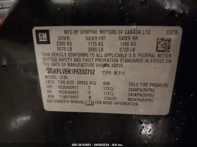 GMC Terrain Sle-1 2015 2GKFLVEK1F6330792 Image 9