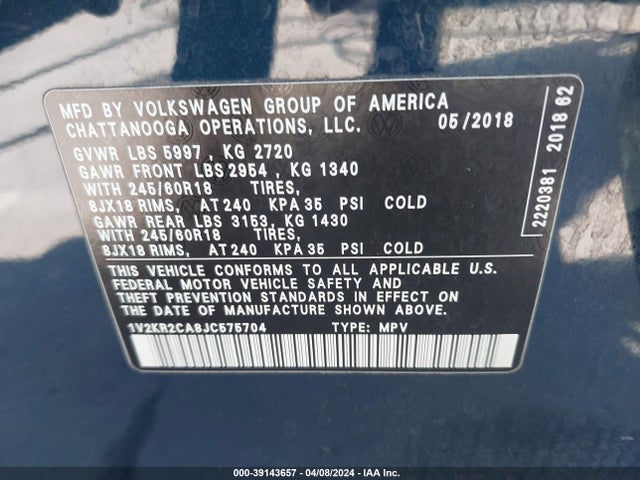 1V2KR2CA8JC575704 Volkswagen Atlas 3.6l V6 Se