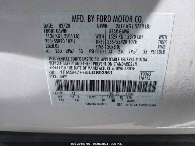 Ford Explorer Limited 2020 1FMSK7FH5LGB93861 Image 9