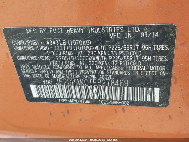 JF2GPAKC1E8278469 Subaru Xv Crosstrek 2.0i Limited