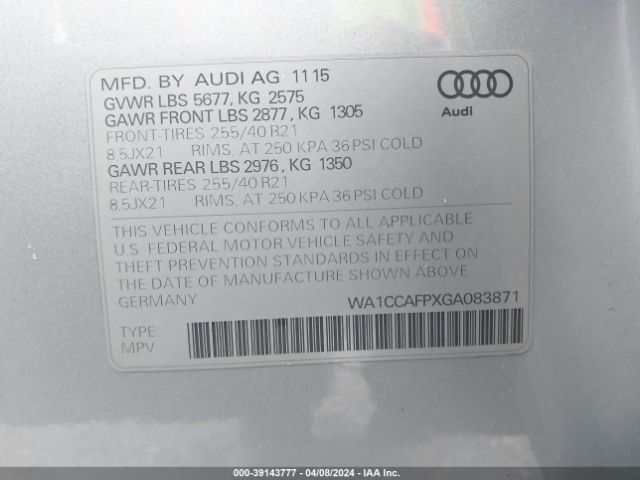 WA1CCAFPXGA083871 Audi Sq5 3.0t Premium Plus