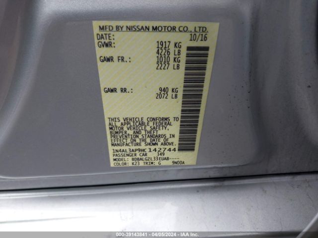 1N4AL3AP9HC142744 Nissan Altima 2.5/2.5 S/2.5 Sl/2.5 Sr/2.5 Sv