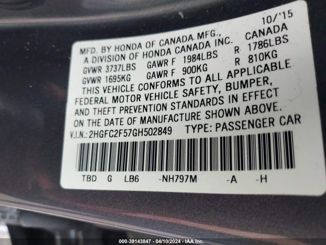 Honda Civic Lx 2016 2HGFC2F57GH502849 Image 9
