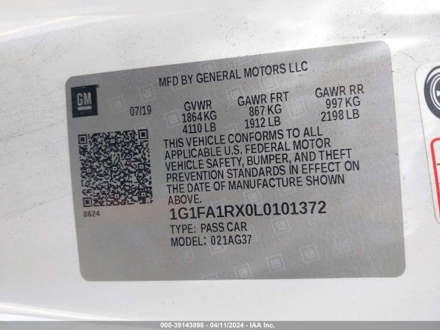 Chevrolet Camaro Rwd  1lt 2020 1G1FA1RX0L0101372 Image 9