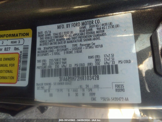 Ford FUSION SE 2017 3FA6P0H72HR103428 Image 9