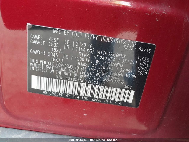 Subaru Outback 2.5i Limited 2016 4S4BSANC0G3328177 Image 9