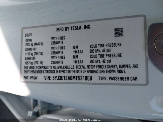 5YJ3E1EA0MF921809 Tesla Model 3 Standard Range Plus Rear-wheel Drive