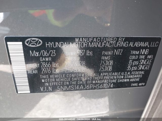 5NMS14AJ6PH561074 Hyundai Santa Fe Se