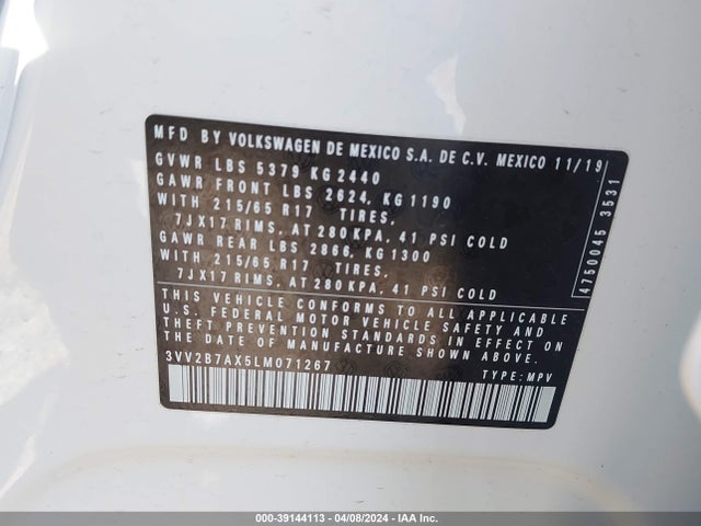 3VV2B7AX5LM071267 Volkswagen Tiguan 2.0t Se/2.0t Se R-line Black/2.0t Sel