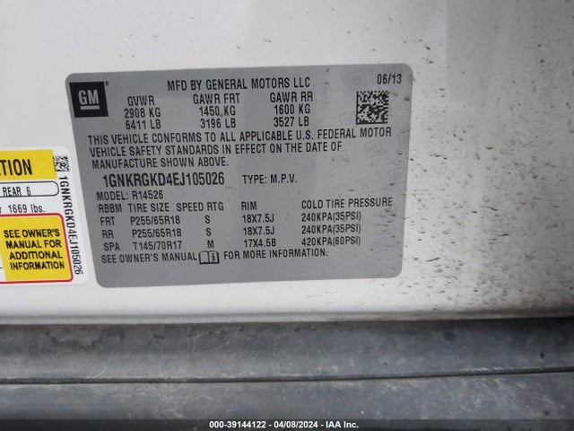 Chevrolet Traverse 1lt 2014 1GNKRGKD4EJ105026 Image 9