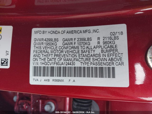 Honda Accord Ex-l 2018 1HGCV1F60JA124430 Image 9
