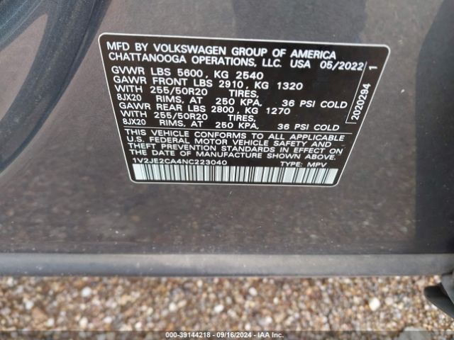 1V2JE2CA4NC223040 Volkswagen Atlas Cross Sport 3.6l V6 Se W/technology