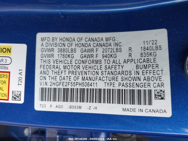 Honda Civic Sport 2023 2HGFE2F55PH506411 Image 9