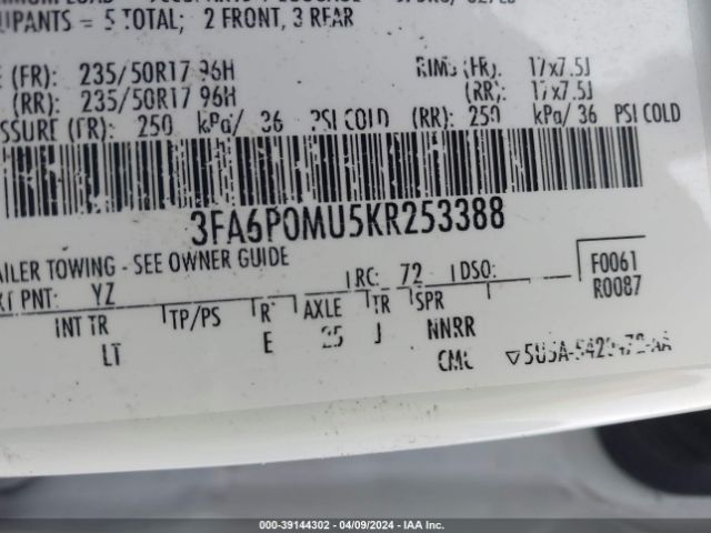 3FA6P0MU5KR253388 Ford Fusion Hybrid Sel
