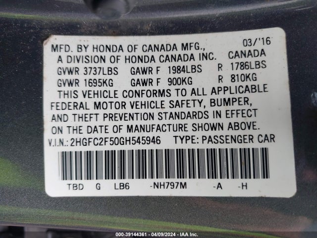Honda Civic Lx 2016 2HGFC2F50GH545946 Image 9