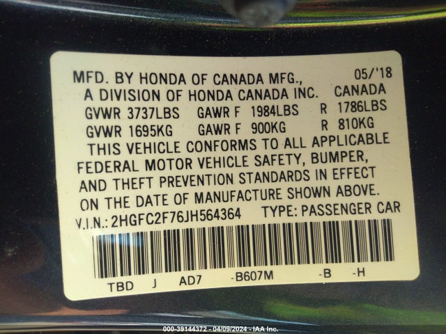 Honda CIVIC EX 2018 2HGFC2F76JH564364 Image 9