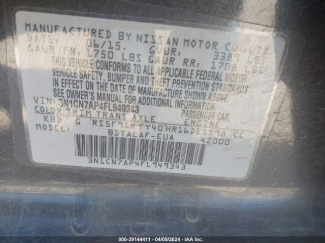 3N1CN7AP4FL949343 Nissan Versa 1.6 S