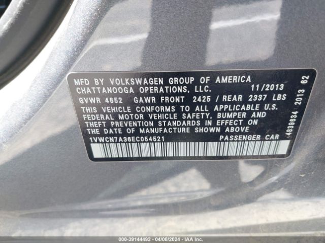 1VWCN7A36EC054521 Volkswagen Passat 2.0l Tdi Sel Premium