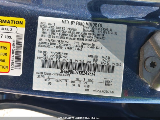 Ford FUSION SE 2019 3FA6P0HD7KR245254 Image 9