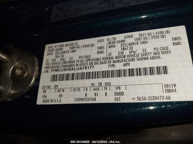 Ford ESCAPE SEL 2020 1FMCU9H6XLUA78177 Image 9
