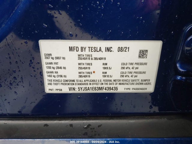 Tesla Model S Plaid Tri Motor All-wheel Drive 2021 5YJSA1E63MF439435 Image 9