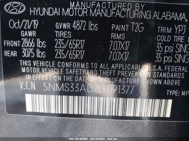 Hyundai Santa Fe Sel 2020 5NMS33AD2LH191377 Image 9