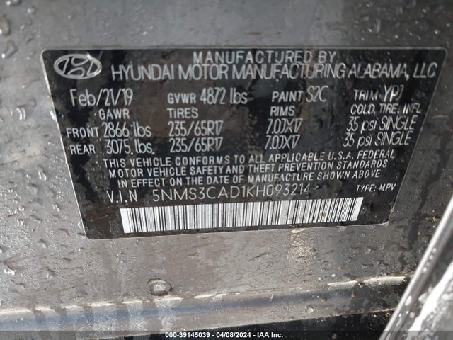 Hyundai Santa Fe Sel 2019 5NMS3CAD1KH093214 Image 9