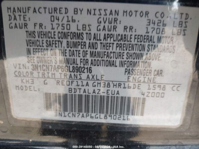 3N1CN7AP6GL890216 Nissan Versa 1.6 S+