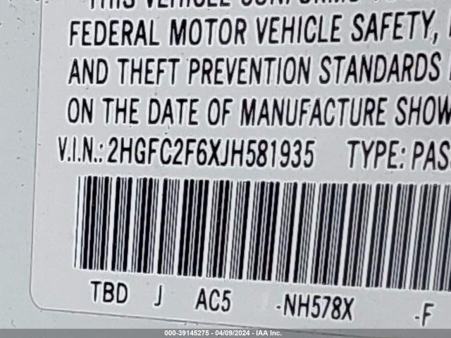 Honda Civic Lx 2018 2HGFC2F6XJH581935 Image 9