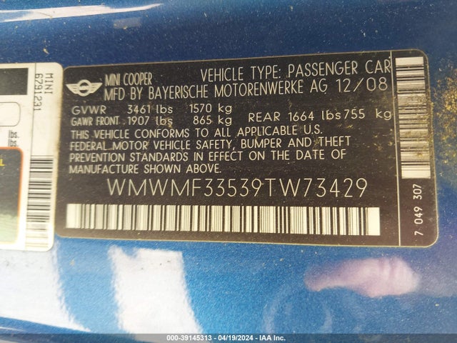 2009 MINI COOPER WMWMF33539TW73429 Photo 8