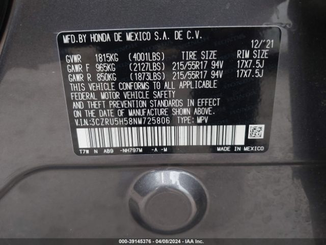 3CZRU5H58NM725806 Honda Hr-v 2wd Ex