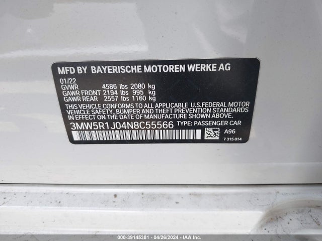 BMW 330I 2022 3MW5R1J04N8C55566 Image 9