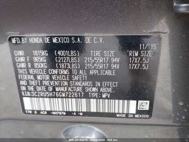 3CZRU5H76GM722617 Honda Hr-v Ex-l