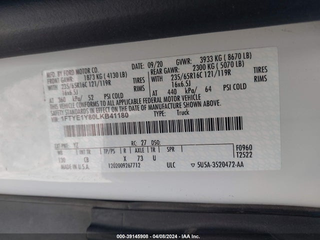 Ford Transit-150 2020 1FTYE1Y80LKB41180 Image 9