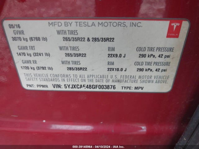 Tesla Model X 60d/p100d/p90d 2016 5YJXCAE48GF003876 Image 9