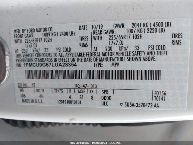 Ford ESCAPE SE 2020 1FMCU9G67LUA28354 Image 9