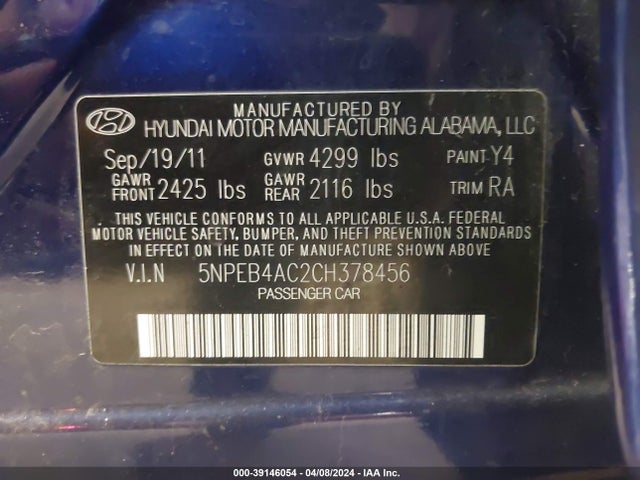 39146054 :رقم المزاد ، 5NPEB4AC2CH378456 vin ، 2012 Hyundai Sonata Gls مزاد بيع