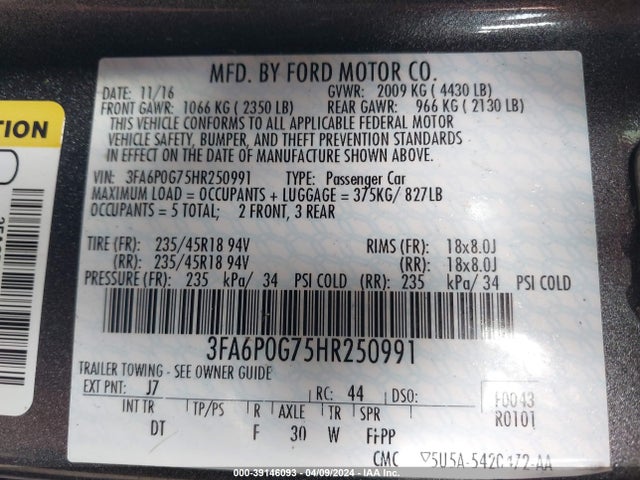Ford FUSION S 2017 3FA6P0G75HR250991 Image 9