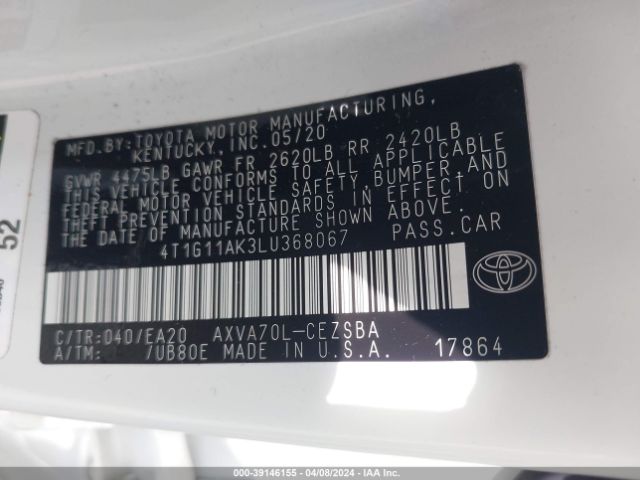 4T1G11AK3LU368067 Toyota CAMRY SE