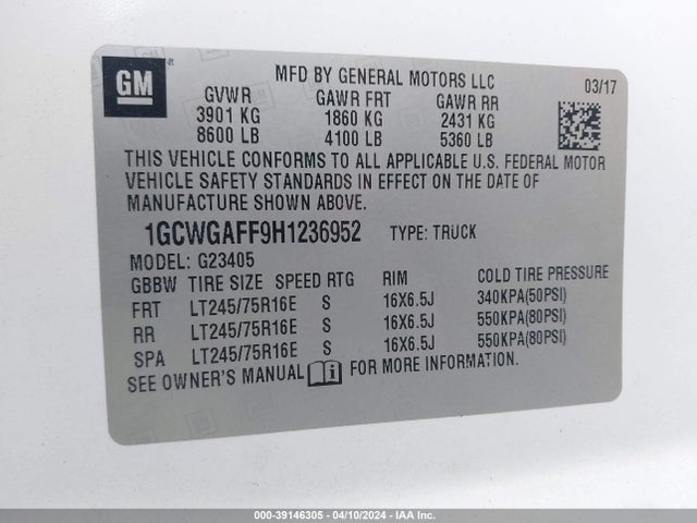 Chevrolet Express 2500 Work Van 2017 1GCWGAFF9H1236952 Image 9