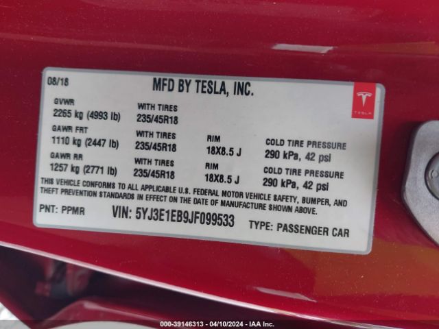 5YJ3E1EB9JF099533 Tesla Model 3 Long Range/performance