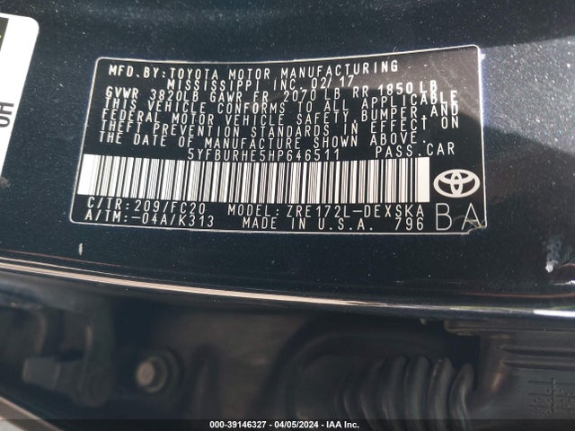 Toyota COROLLA SE 2017 5YFBURHE5HP646511 Image 9