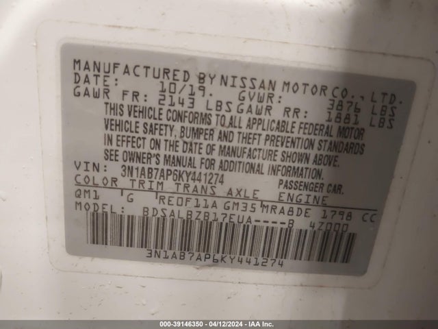 Nissan SENTRA S 2019 3N1AB7AP6KY441274 Image 9