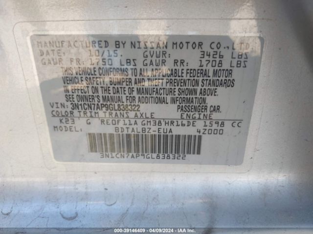 3N1CN7AP9GL838322 Nissan Versa 1.6 Sv