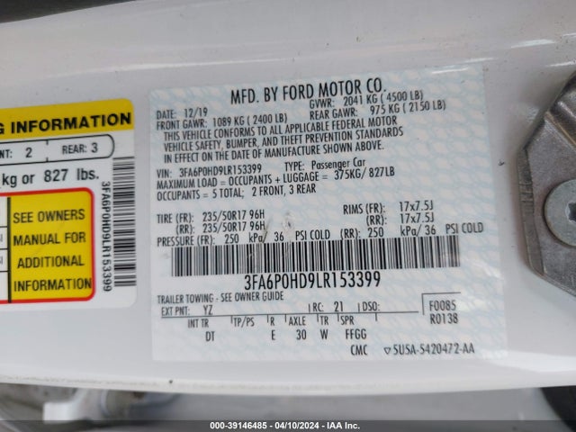 Ford FUSION SE 2020 3FA6P0HD9LR153399 Image 9